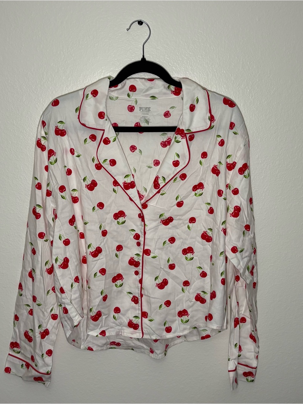 PINK Victoria Secret pajama top button down cherries logo white red green L